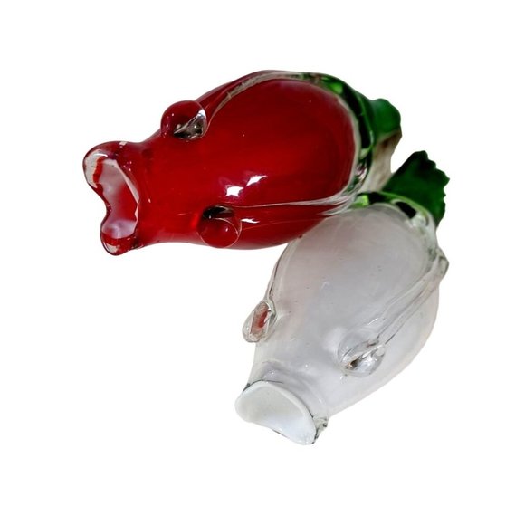 Set of 2 Vintage 8" Hand Blown Glass Rose Buds Red White Studio Art - Picture 4 of 6